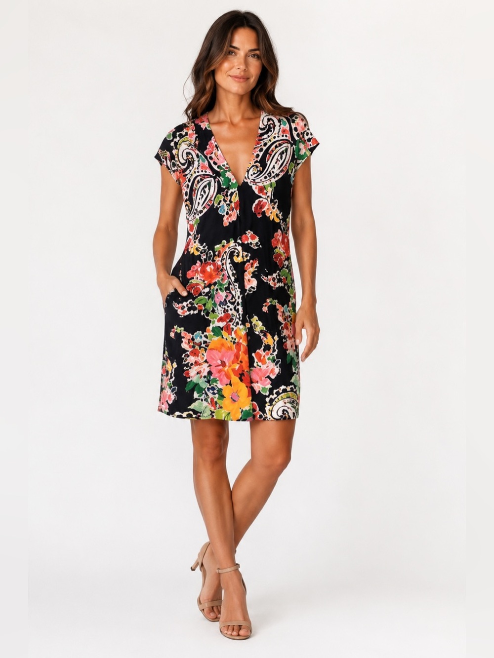 Lauren Ralph Lauren Black Floral Paisley Shift Dress Women’s V-Neck Cap Sleeve L